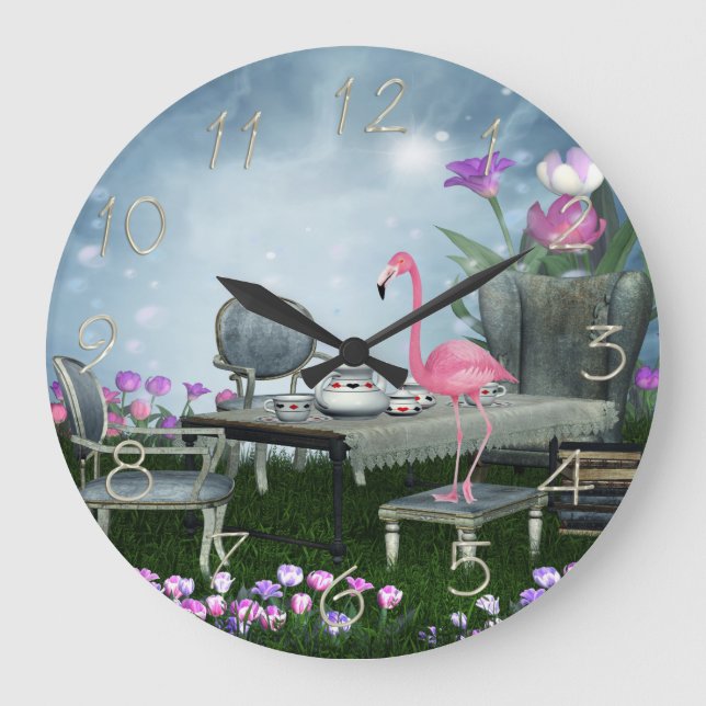Wonderland Flamingo Tea Party Large Clock (Front)