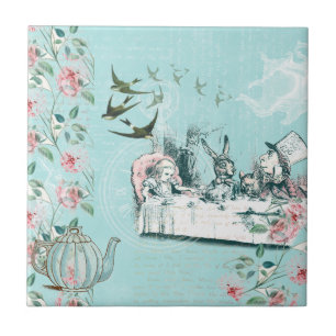 Wonderland Mad Tea Party Aqua Pink Ceramic Tile