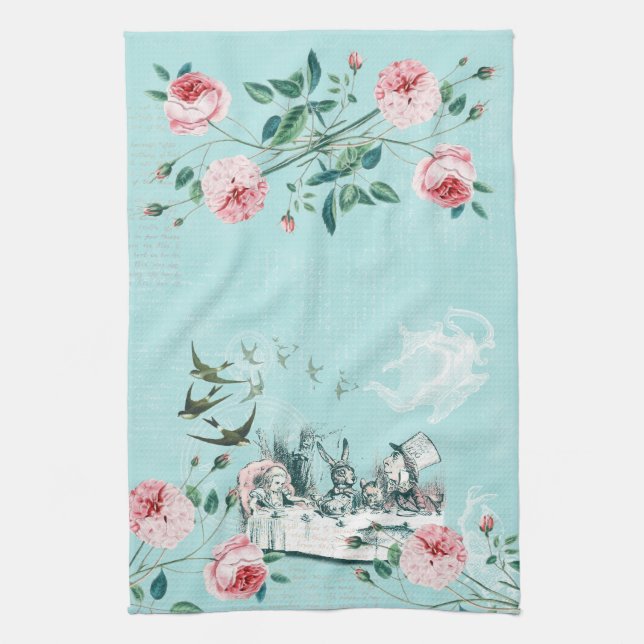 Wonderland Mad Tea Party Aqua Pink Tea Towel (Vertical)