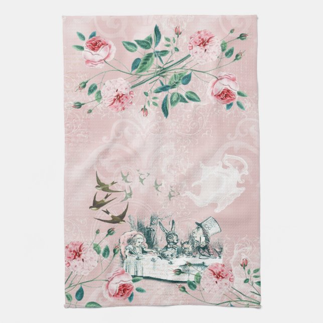 Wonderland Mad Tea Party Pink Green Tea Serviette (Vertical)