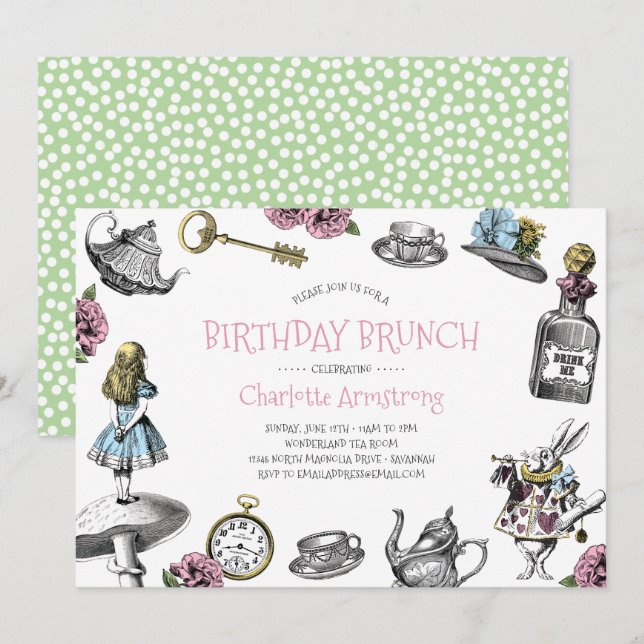 Wonderland Pink and Green Birthday Brunch Invitation (Front/Back)
