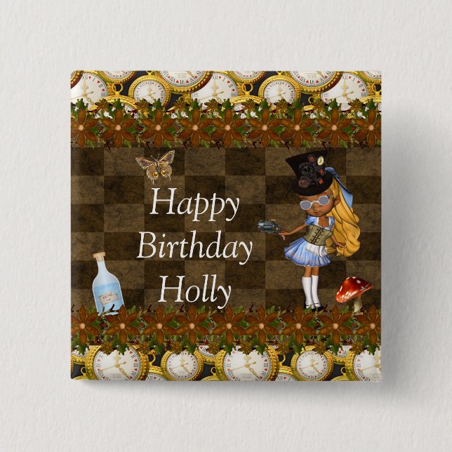 Wonderland Steampunk Birthday Party 2 Inch Square Button (Front)