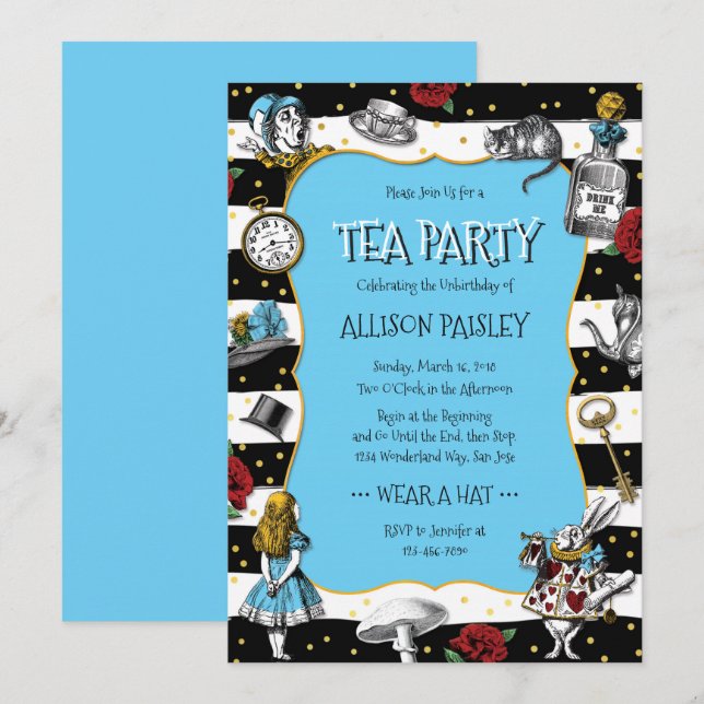 Wonderland Tea Party Whimsical Blue Invitation (Front/Back)