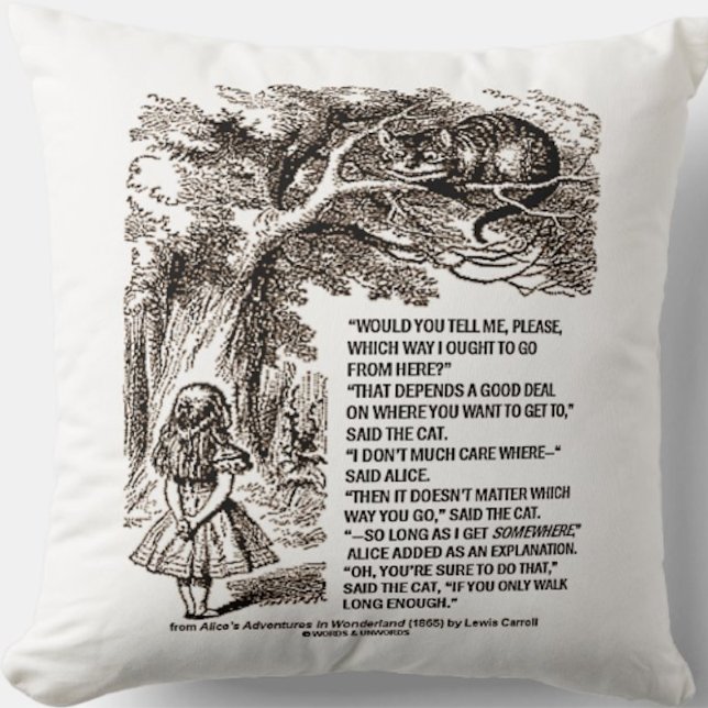Wonderland Which Way I Ought To Go Quote Throw Pillow (Throw pillow featuring infamous conversation between Alice & Cheshire Cat for the directionless!)