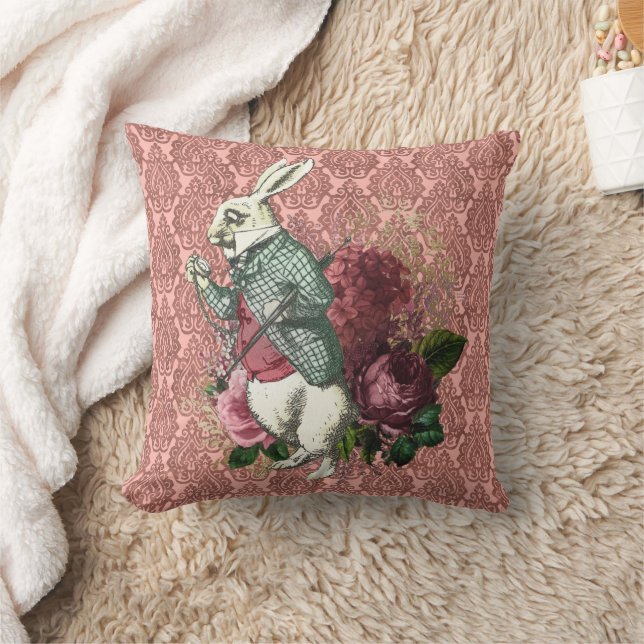 Wonderland White Rabbit Floral Throw Pillow (Blanket)