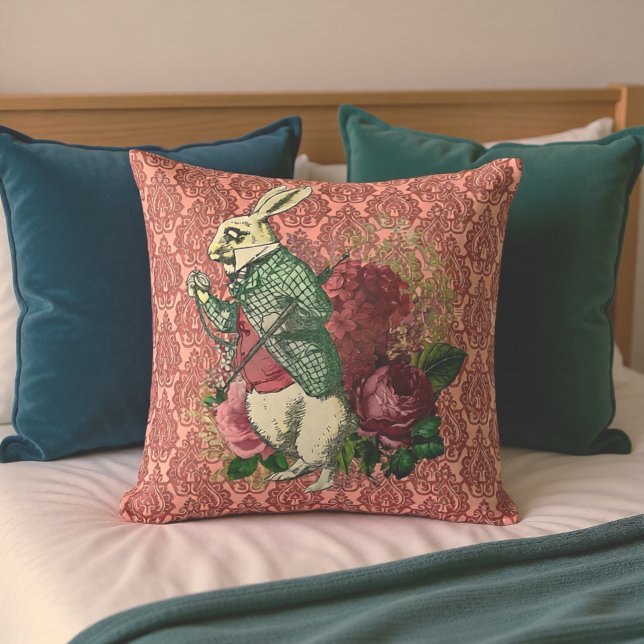 Wonderland White Rabbit Floral Throw Pillow (Creator Uploaded)