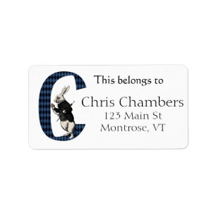 Wonderland White Rabbit Letter C  Bookplate Label