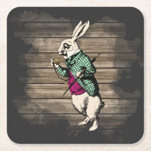 Wonderland White Rabbit Mint Square Paper Coaster