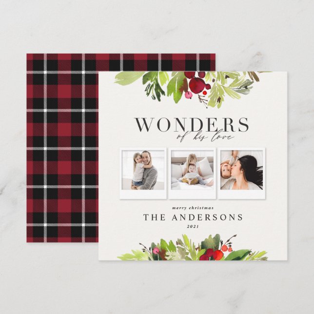 Wonders of his love 3 photo plaid and botanical holiday card (Front/Back)
