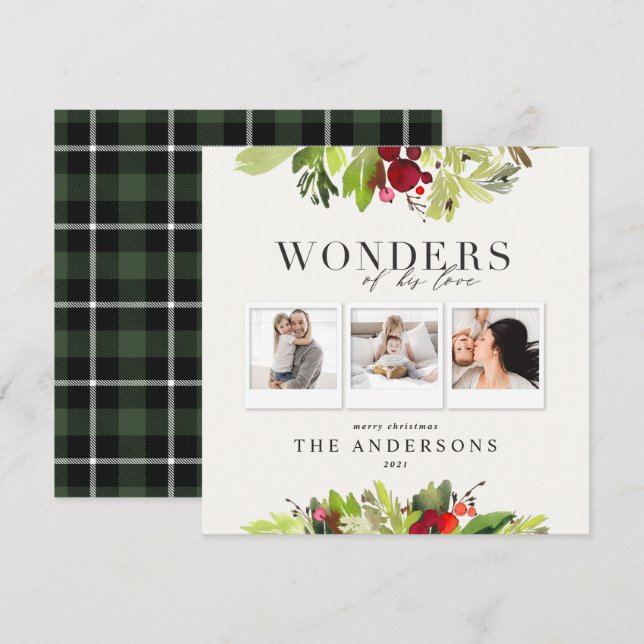 Wonders of his love 3 photo plaid and foliage holiday card (Front/Back)