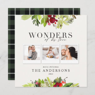 Wonders of his love 3 photo plaid and foliage holiday card