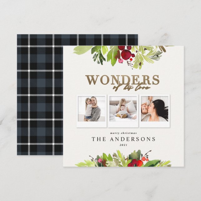 Wonders of his love 3 photo plaid gold foliage holiday card (Front/Back)
