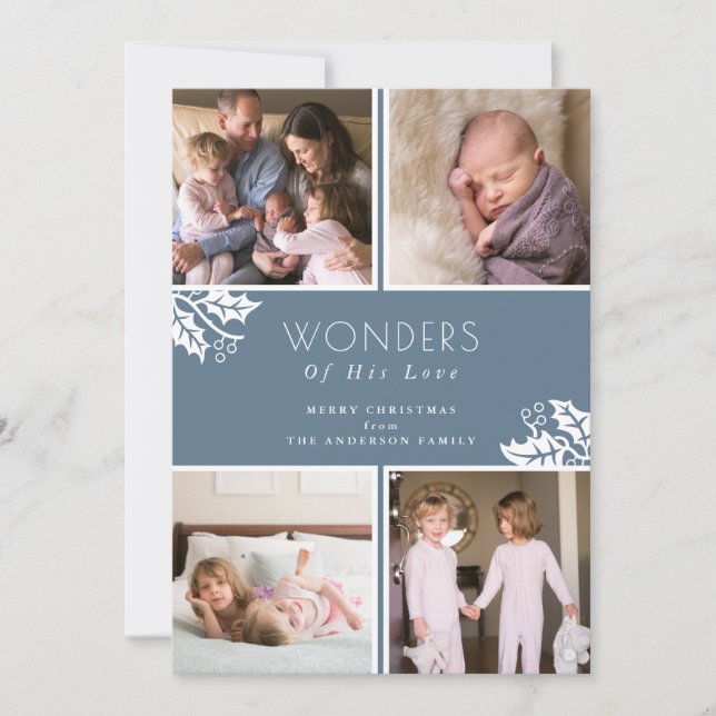 Wonders of his Love Dusty Blue 4 Photo Christmas Holiday Card (Front)