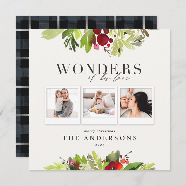 Wonders of his love multi photo plaid and foliage holiday card (Front/Back)