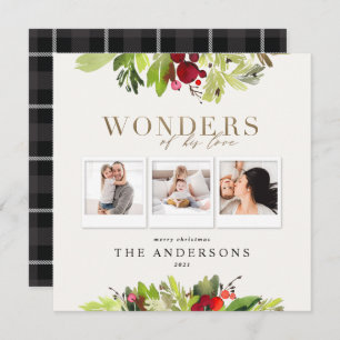 Wonders of his love multi photo plaid gold foliage holiday card