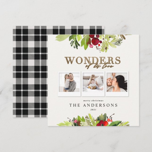 Wonders of his love multi photo plaid gold foliage holiday card (Front/Back)