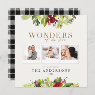 Wonders of his love multi photo plaid gold foliage holiday card