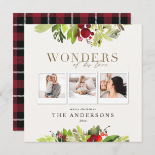 Wonders of his love multi photo plaid gold foliage holiday card