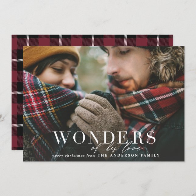 Wonders of his love plaid photo modern script holiday card (Front/Back)