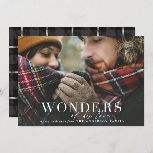 Wonders of his love plaid photo modern script holiday card (Front/Back)