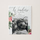 Wonders of His Love | Religious Christmas Photo Jigsaw Puzzle<br><div class="desc">Share the joy of the season and the beauty of faith with this personalized religious Christmas puzzle, featuring the inspiring phrase “Wonders of His Love” in elegant script and delicate watercolor florals. Add your own family photo to create a unique and meaningful holiday keepsake or gift. A thoughtful way to...</div>
