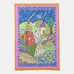 Wonky Folk Art Houses Kitchen Towel