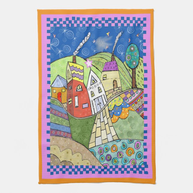Wonky Folk Art Houses Kitchen Towel (Vertical)