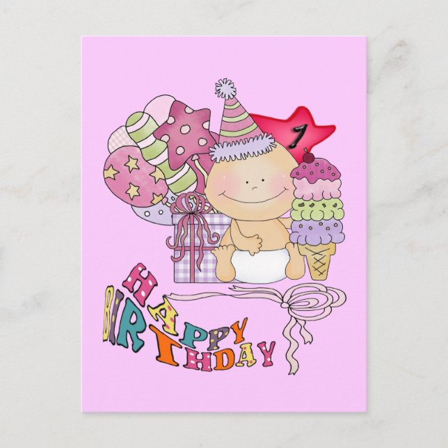 Wonky Happy Birthday Girl 1 Year Old Postcard (Front)