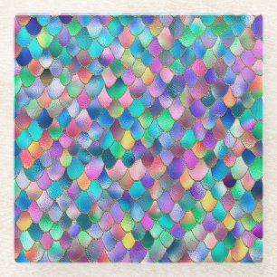 Wonky Rainbow Glitter Metal Mermaid Scales Glass Coaster