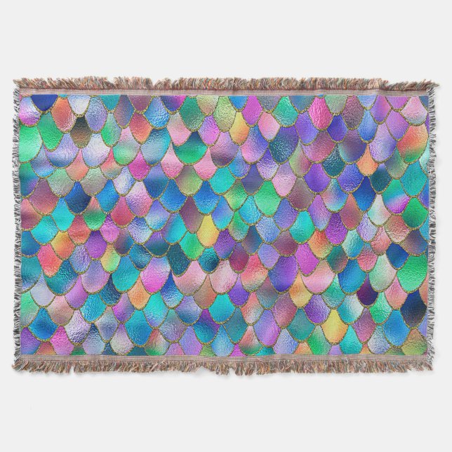 Wonky Rainbow Glitter Metal Mermaid Scales Throw Blanket (Front)