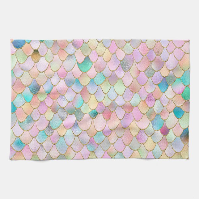 Wonky Trendy Rainbow Girl Metal Mermaid Scales Kitchen Towel (Horizontal)