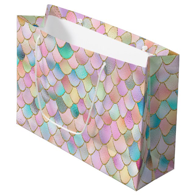Wonky Trendy Rainbow Girl Metal Mermaid Scales Large Gift Bag (Front Angled)
