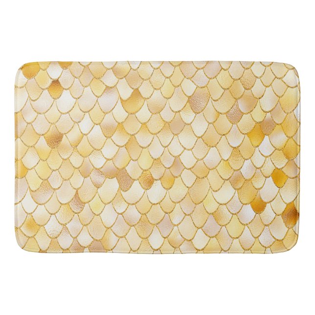 Wonky Watercolor Gold Glitter Metal Mermaid Scales Bath Mat (Front)