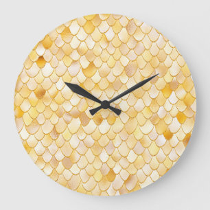 Wonky Watercolor Gold Glitter Metal Mermaid Scales Large Clock