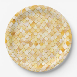 Wonky Watercolor Gold Glitter Metal Mermaid Scales Paper Plate