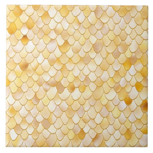 Wonky Watercolor Gold Glitter Metal Mermaid Scales Tile (Front)