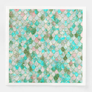 Wonky Watercolor Mint Green Glitter Mermaid Scales Napkin