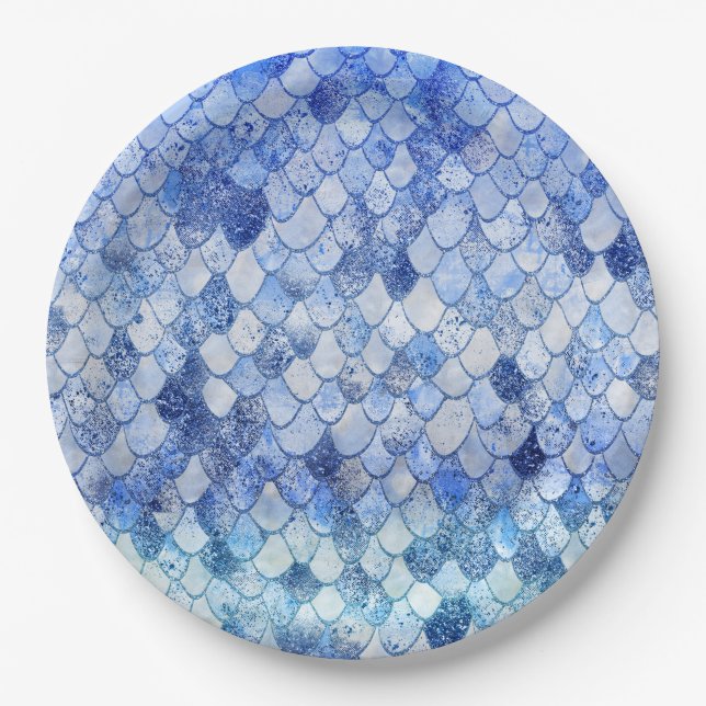 Wonky Watercolor Ocean Blue Glitter Mermaid Scales Paper Plate (Front)