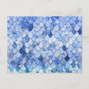 Wonky Watercolor Ocean Blue Glitter Mermaid Scales Postcard