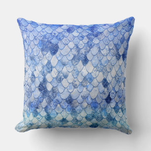 Wonky Watercolor Ocean Blue Glitter Mermaid Scales Throw Pillow