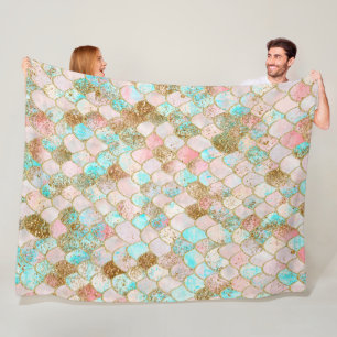 Wonky Watercolor Pastel Glitter Mermaid Scales Fleece Blanket
