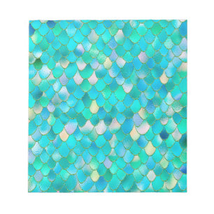 Wonky Watercolor Teal Glitter Metal Mermaid Scales Notepad