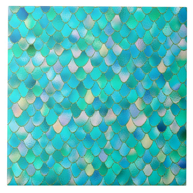Wonky Watercolor Teal Glitter Metal Mermaid Scales Tile (Front)