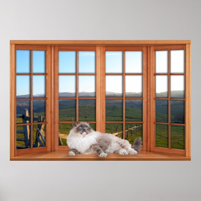 Wood 4 Pane Window Illusion with Cat on the Sill Poster (Front)