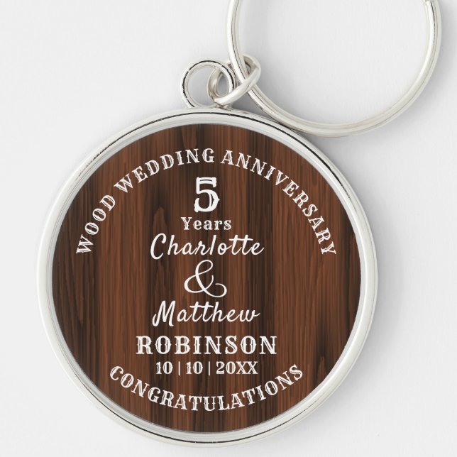 Wood 5th Anniversary Wedding Gift Personalized Keychain (Front)