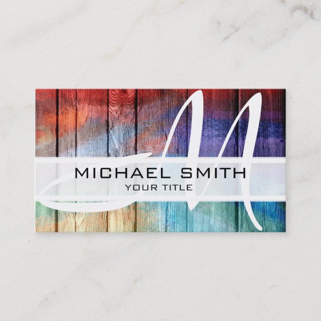 Wood Abstract Coloured Modern Monogram Business Card (Front)