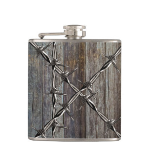 Wood and Barbed Wire Cowboy Hip Flask