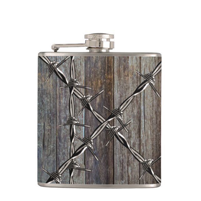 Wood and Barbed Wire Cowboy Hip Flask (Front)