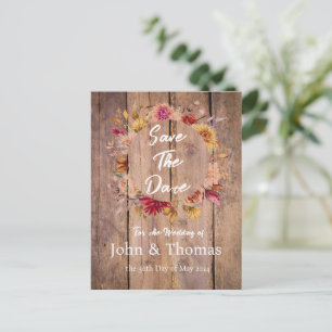 Wood and Fall Flowers Save the Date Postcard