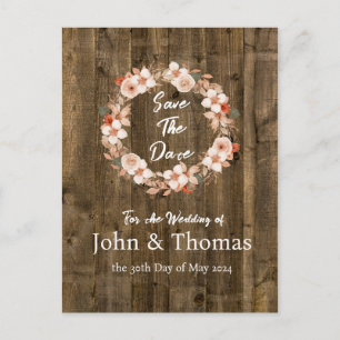 Wood and Flowers Save the Date Postcard